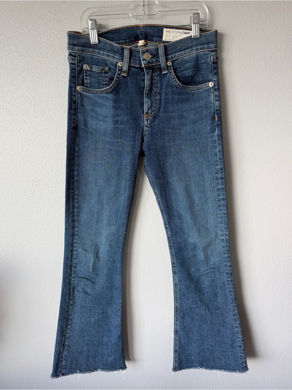 Rag & Bone blue stretch cotton blend raw hem Flare jeans Women’s sz 24